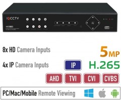 DVR rekordér (záznamník) hybridný AHD 5MP - 8 HD kamery+ 4 IP kamery